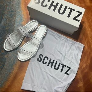 New Schutz Ariella Crystal Flat Clear Gem embellished Slide Sandal size 8